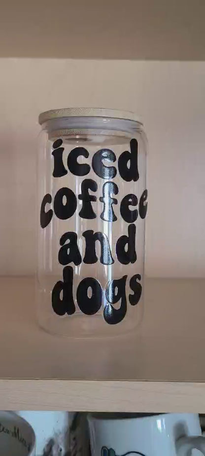 Iced Coffee and Dogs Glass Coffee Cup (lid & straw)